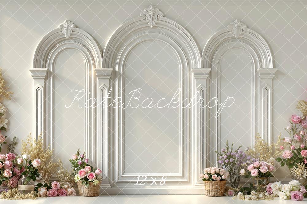 Kate White Arch Wall Flower Arrangement Printed Backdrop Designed by Mini MakeBelieve