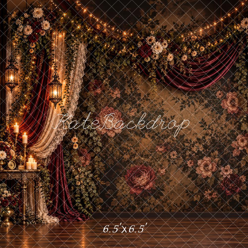 Kate Elegant Dark Brown Gothic Floral Candlelit Drapes Printed Backdrop Designed by Laura Bybee