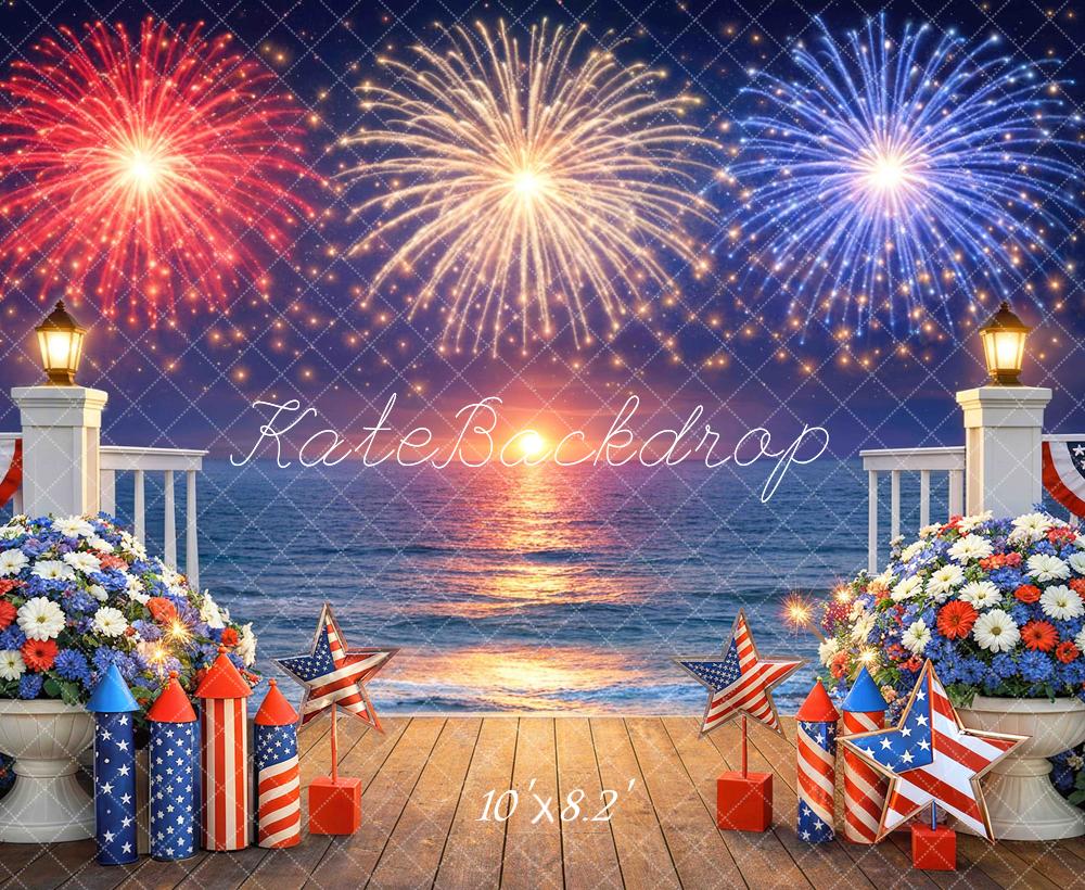 Kate 4th Of July Fireworks Ocean Deck Floral Printed Backdrop Designed by Mini MakeBelieve