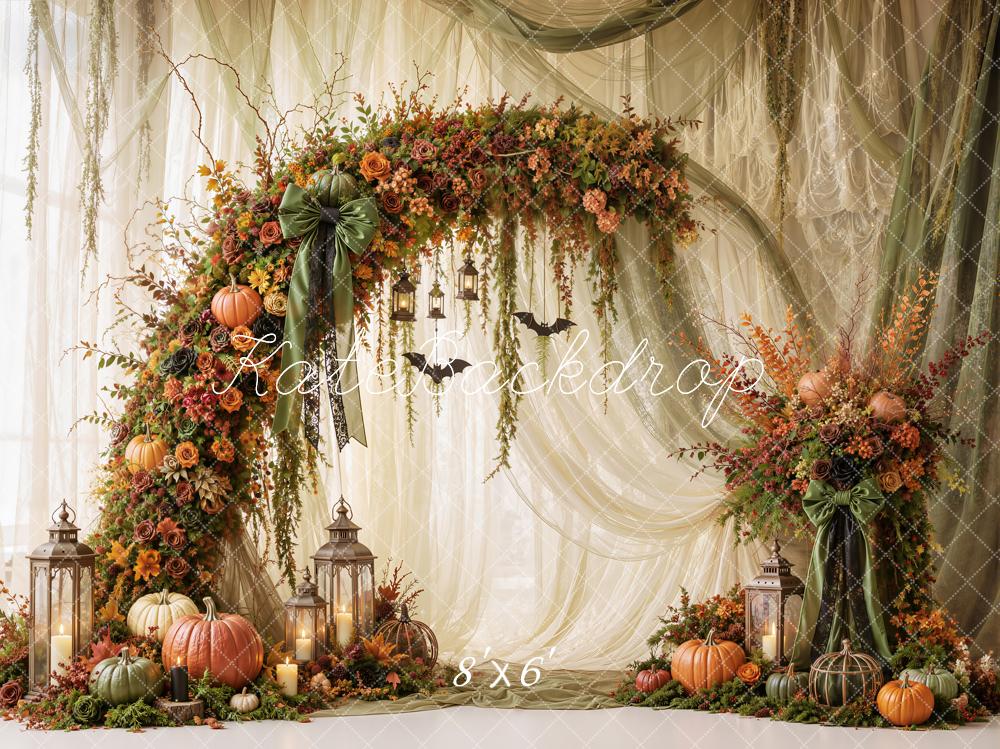 Kate Halloween Fall Green Drapes Pumpkins Flower Arch Lanterns Printed Backdrop Designed by Emetselch