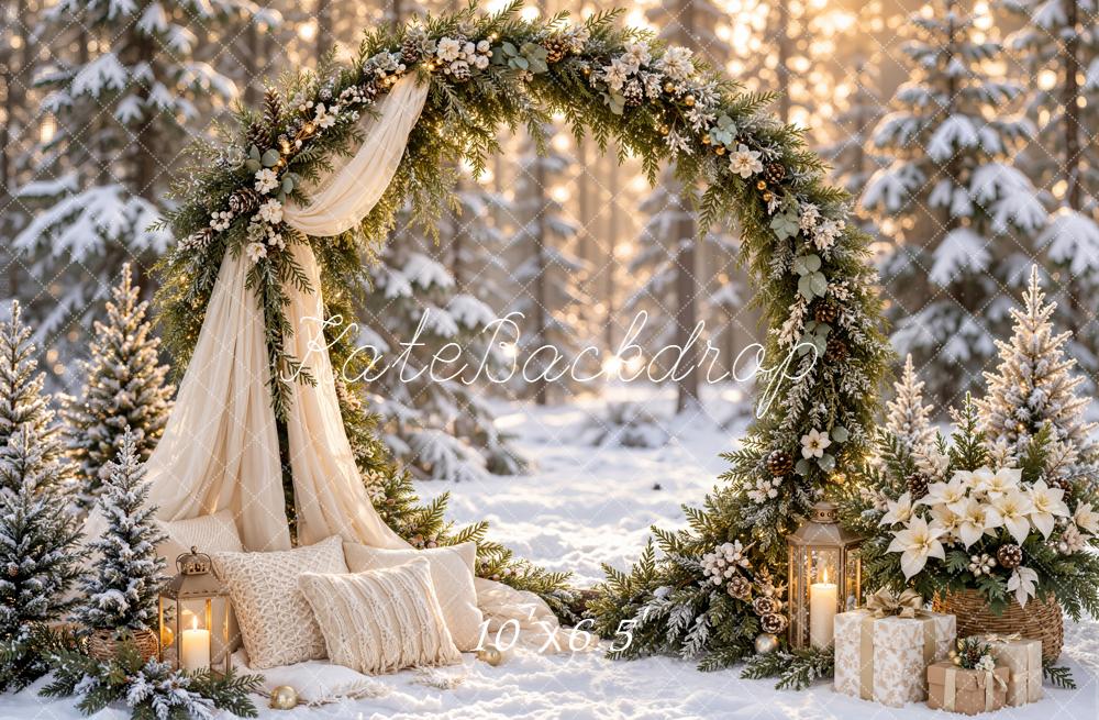 Kate Christmas Winter Circle Flower Arch Drapes Snowy Forest Printed Backdrop Designed by Emetselch