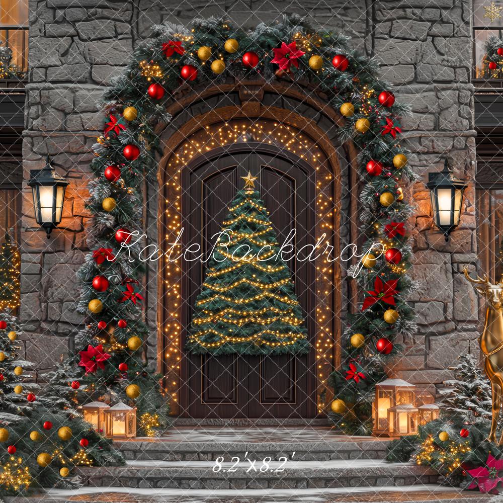 Kate Christmas Tree Front Door Gold Reindeer Stone Backdrop Designed by Mini MakeBelieve