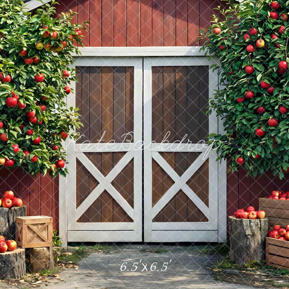 Kate Fall Red Barn Apple Trees Crates Hay Printed Backdrop Designed by Mini MakeBelieve