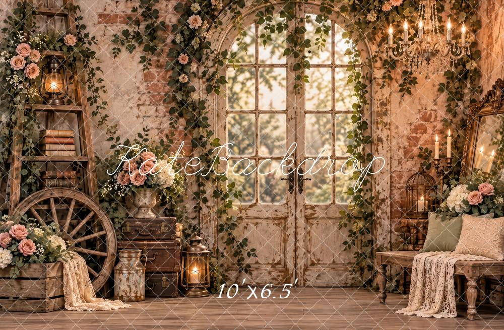 Kate Spring Brown Vintage Floral Brick Wall French Door Printed Backdrop Designed by Laura Bybee