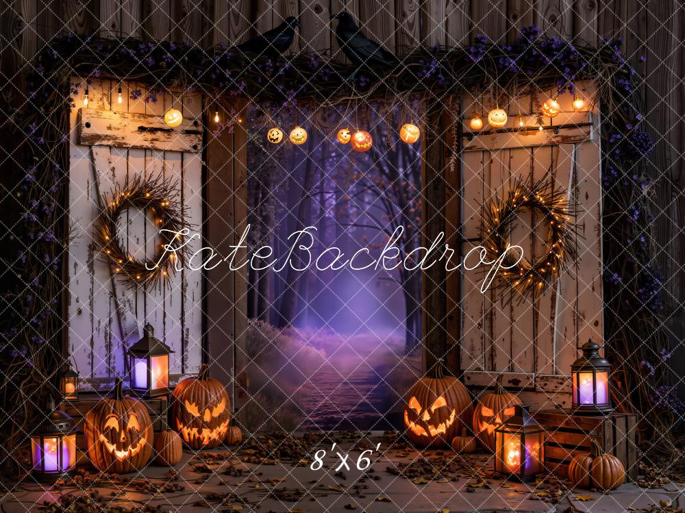 Kate Halloween Night Haunted Barn Doors Jack-o-Lanterns Printed Backdrop Designed by Emetselch