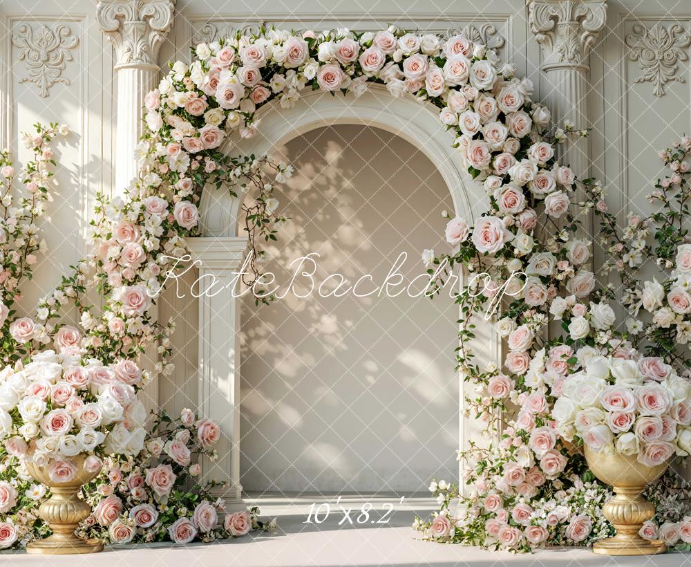 Kate Spring Flower Arch Pink White Roses Ornate Columns Printed Backdrop Designed by Mini MakeBelieve