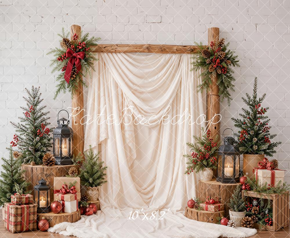 Kate Christmas Wood Arch Pine Trees White Drapes Lanterns Presents Printed Backdrop Designed by Emetselch