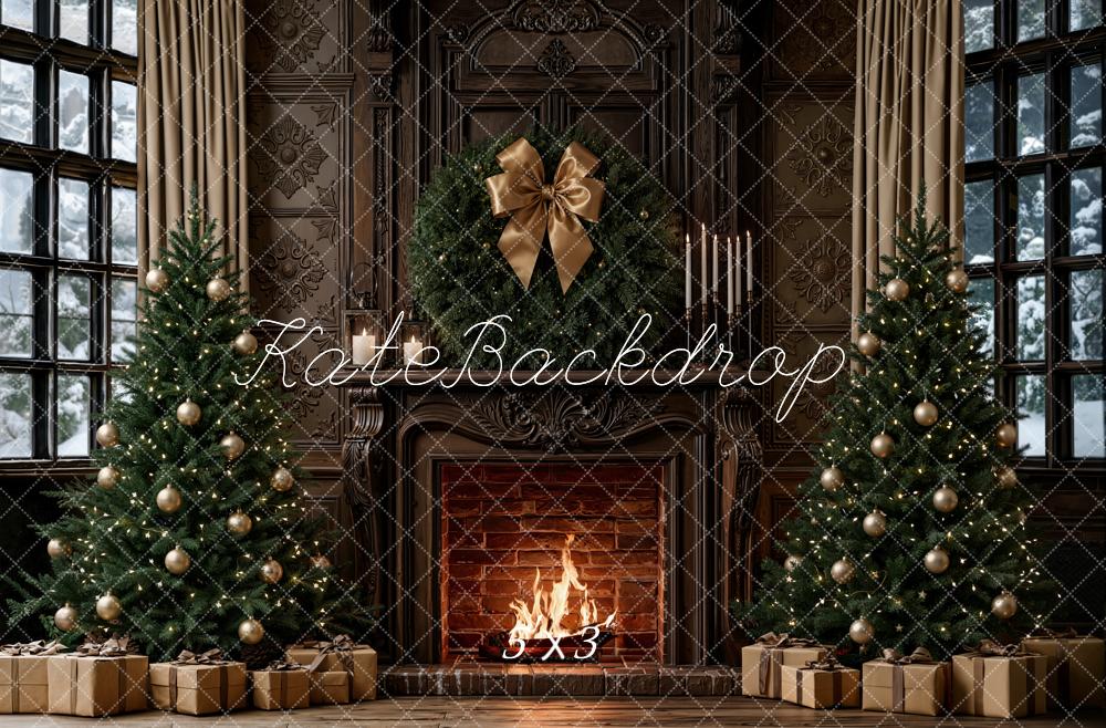 Kate Christmas Retro Brown Fireplace Trees Bow Gifts Printed Backdrop Designed by Emetselch