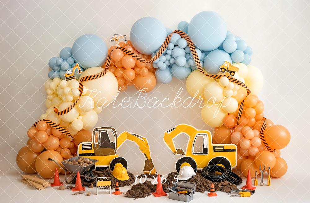 Kate Cake Smash Construction Trucks Balloon Arch Tools Printed Backdrop Designed by Emetselch