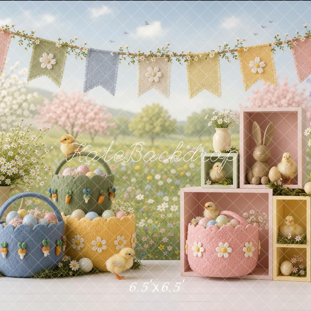 Kate Easter Cake Smash Garden Cute Chick Egg Baskets Wildflowers Printed Backdrop Designed by Ashley Ward