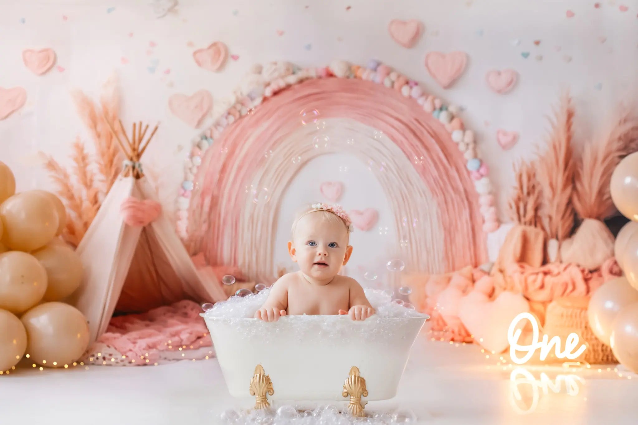 Kate Boho Rainbow Tent Hearts Pink Backdrop Designed by Emetselch