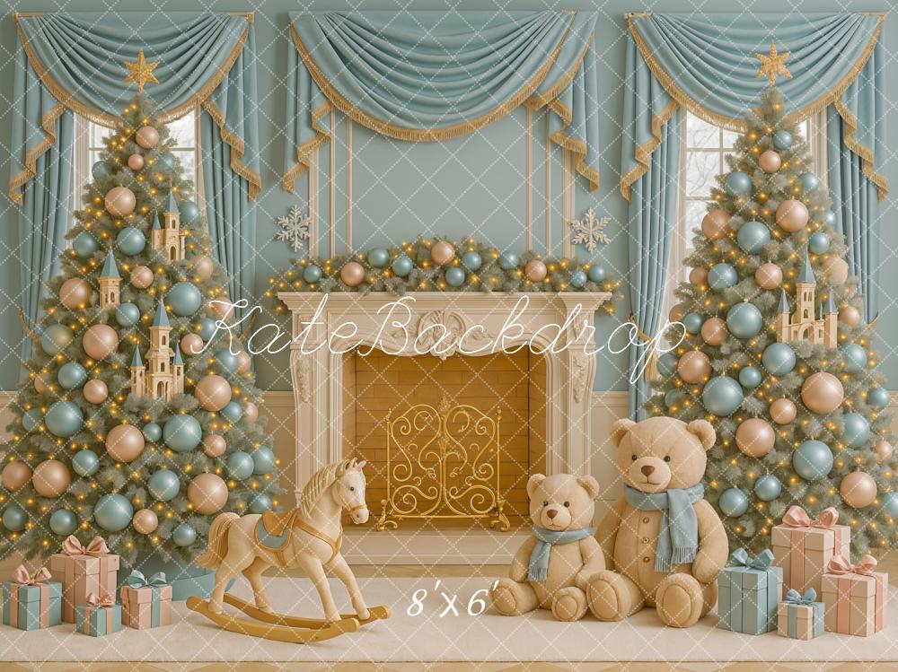 Kate Christmas Trees Blue Gold Fireplace Teddy Bears Rocking Horse Backdrop Designed by Ashley Paul