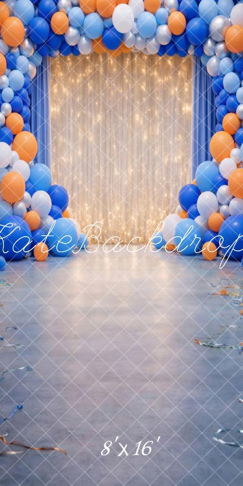Kate Sweep Blue Orange Balloon Arch String Lights Printed Backdrop Designed by Vertigo Productions