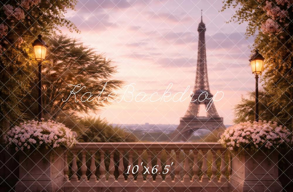 Kate Paris Balcony Eiffel Tower Flowers Sunset Printed Backdrop Designed by Vertigo Productions
