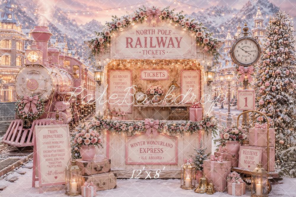Kate Christmas Polar Train Tickets Pink Railway Snowy Printed Backdrop Designed by Ashley Paul