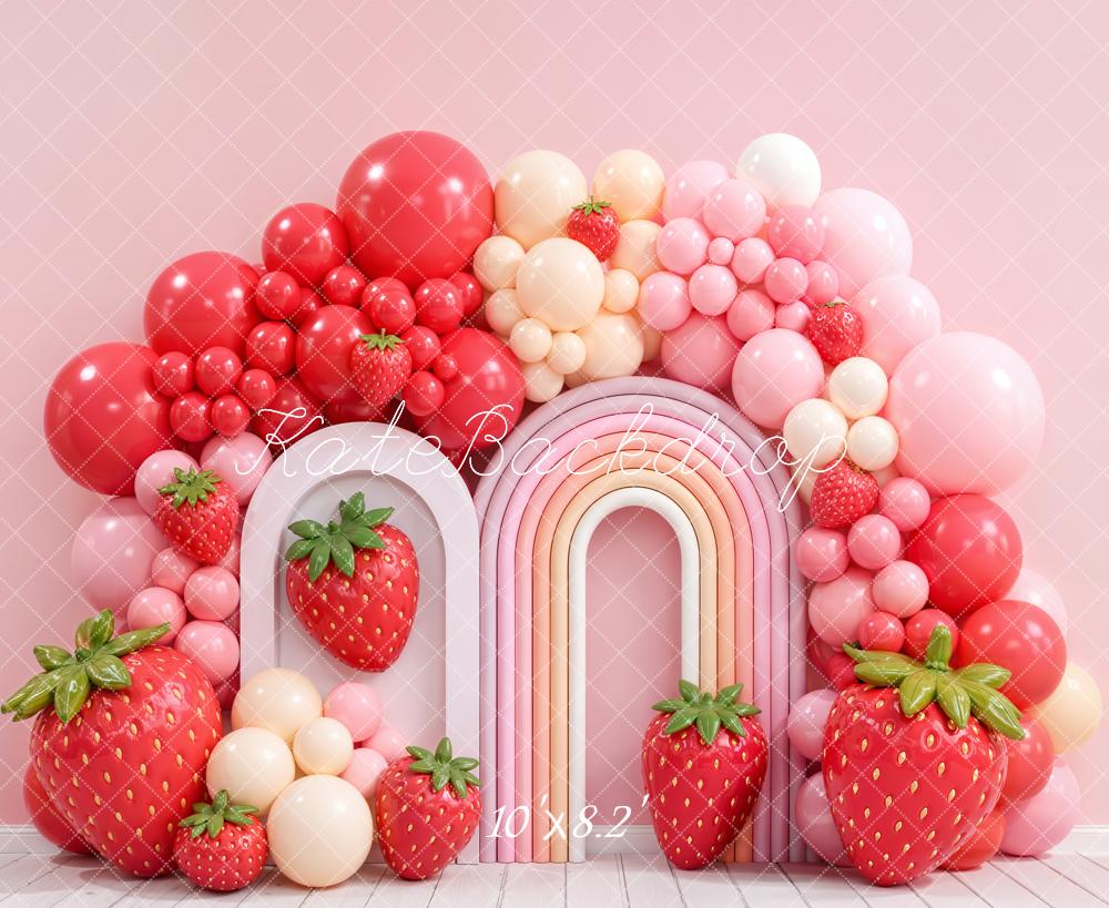 Kate Cake Smash Birthday Strawberry Balloon Arch Pink Rainbow Printed Backdrop Designed by Emetselch