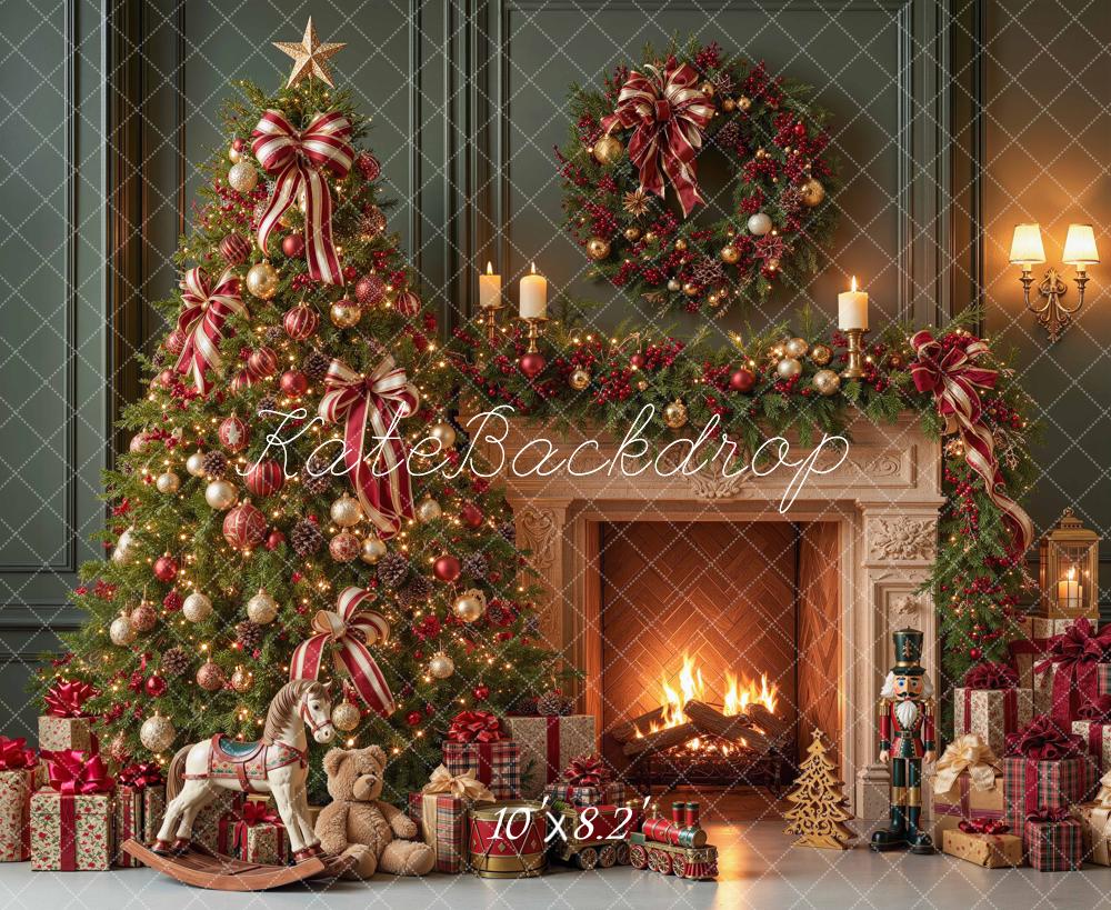Kate Christmas Tree Fireplace Striped Wreath Gifts Green Printed Backdrop Designed by Mini MakeBelieve