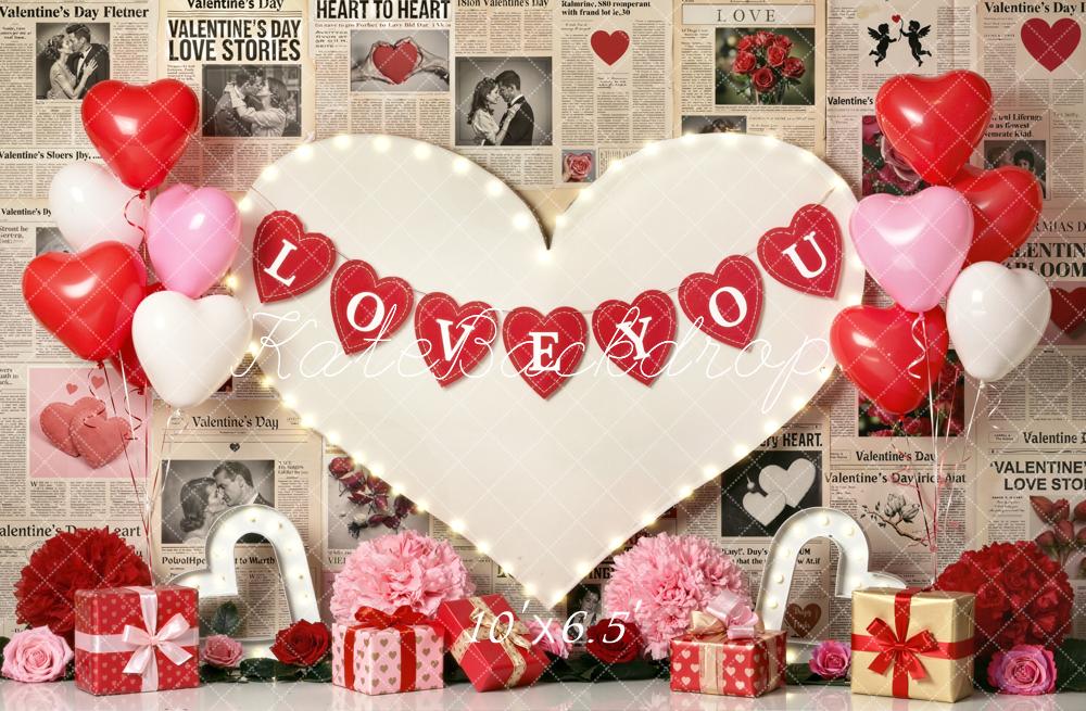 Kate Valentine's Day Heart Balloons Newspaper LOVE Backdrop Designed by Emetselch