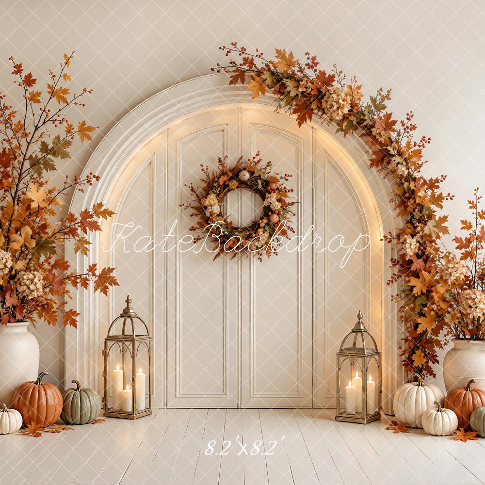Kate Fall Beige Pumpkin Floral Arched Door Printed Backdrop Designed by Emetselch