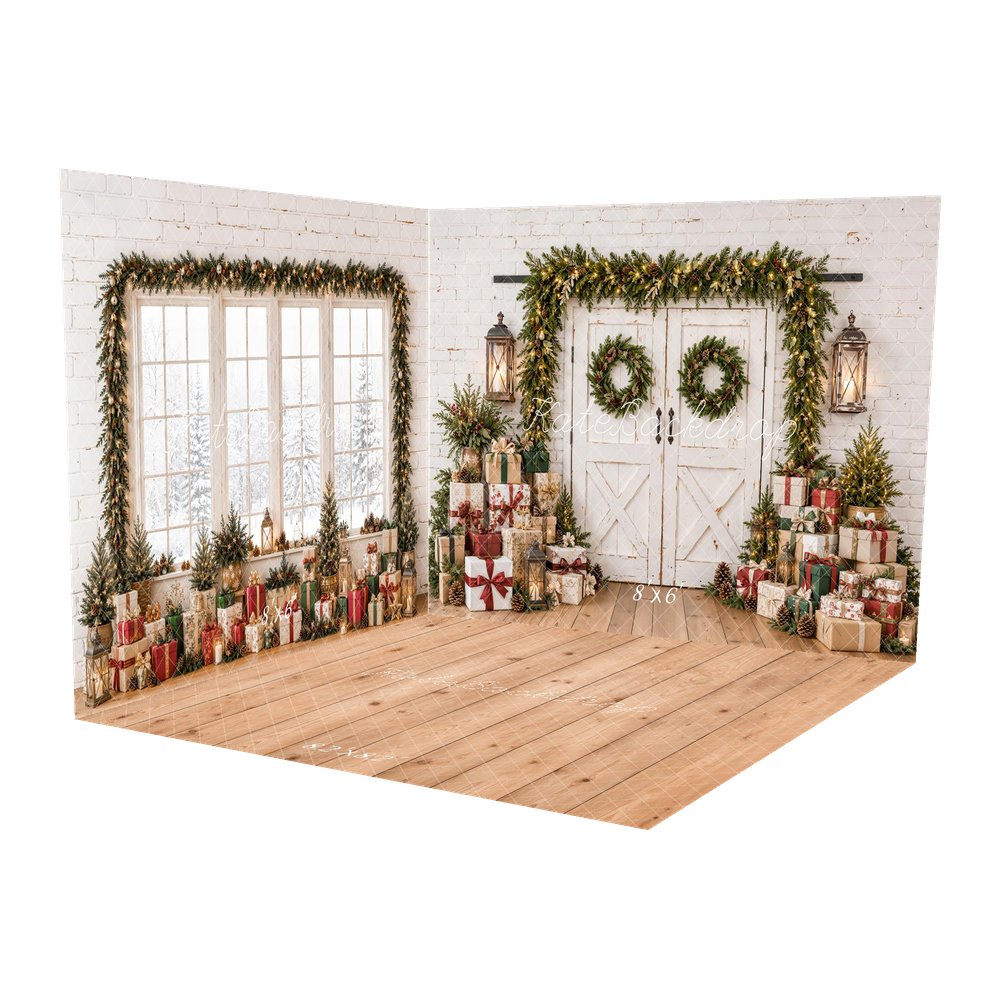 Kate Christmas White Barn Door Garland Wreath Lanterns Gift Boxes Printed Backdrop Room Set