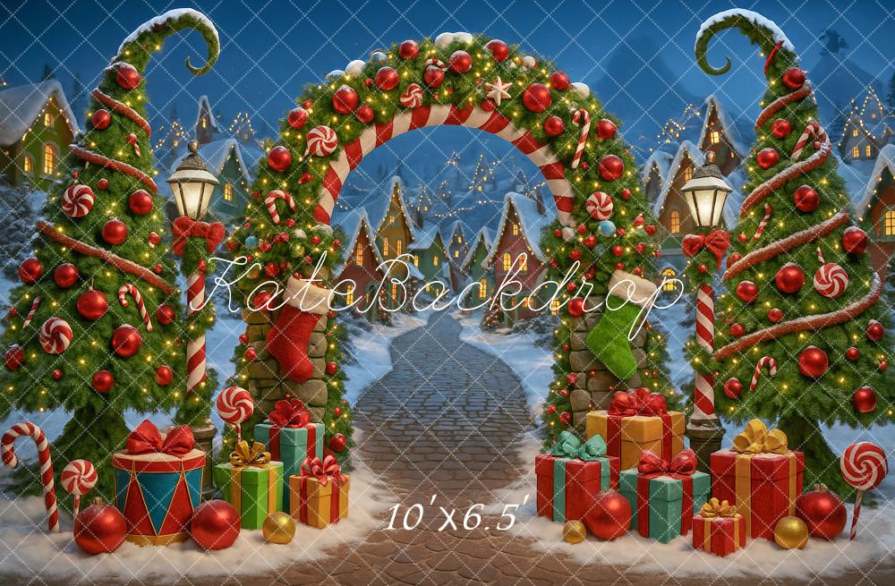 Kate Christmas Trees Whatville Village Candy Arch Gift Snowy Backdrop Designed by Ashley Paul