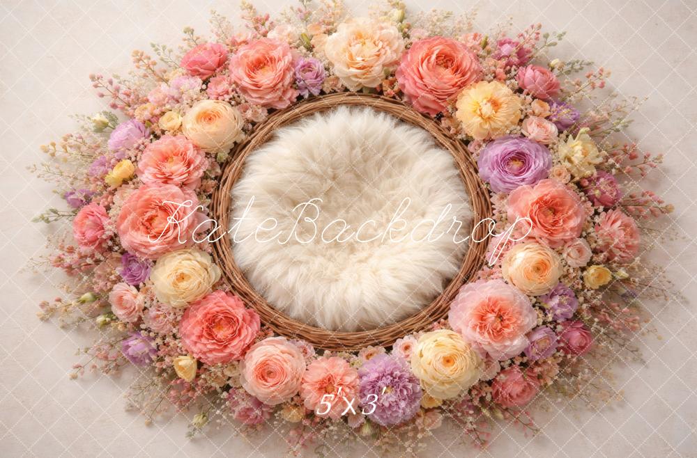 Kate Newborn Pastel Flower Arch Wicker Nest Printed Backdrop Designed by Vertigo Productions
