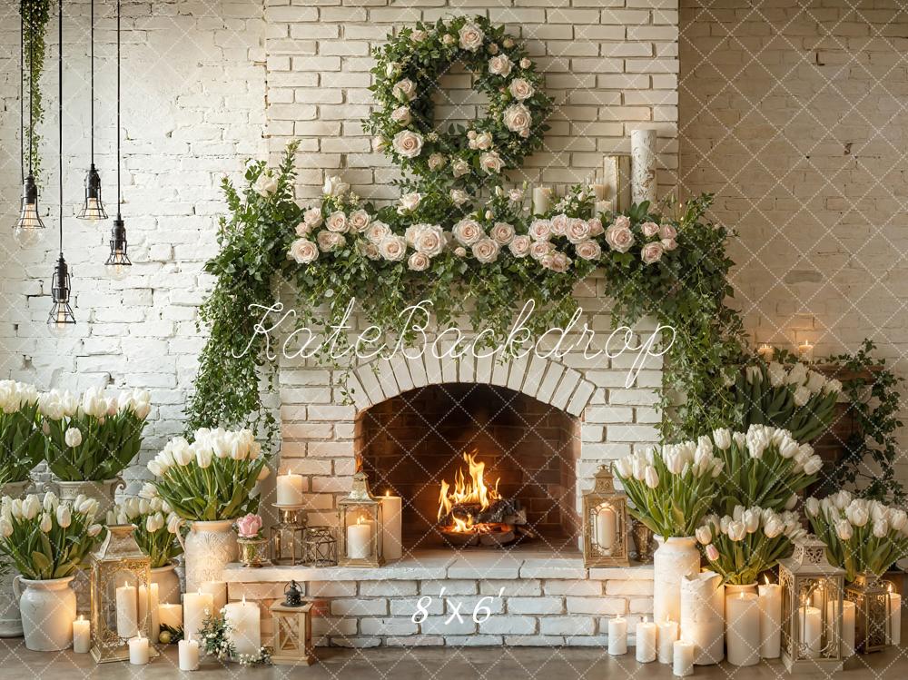 Kate Spring White Brick Fireplace Flower Arch Candles Greenery Backdrop Designed by Emetselch