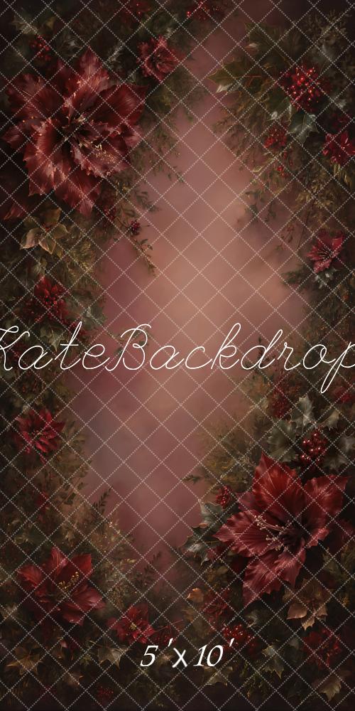 Kate Christmas Fine Art Burgundy Poinsettia Floral Printed Backdrop Designed by GQ