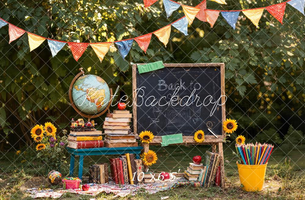 Kate Back To School Blackboard Books Globe Garden Sunflowers Backdrop Designed by Emetselch