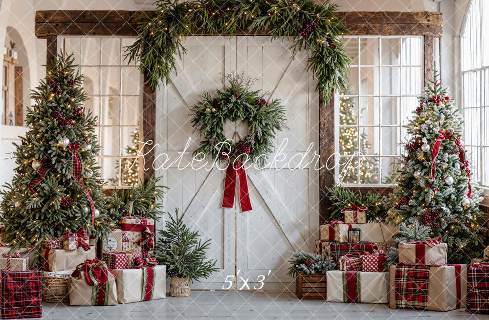 Kate Christmas Trees White Barn Door Garland Gifts Backdrop Designed by Emetselch