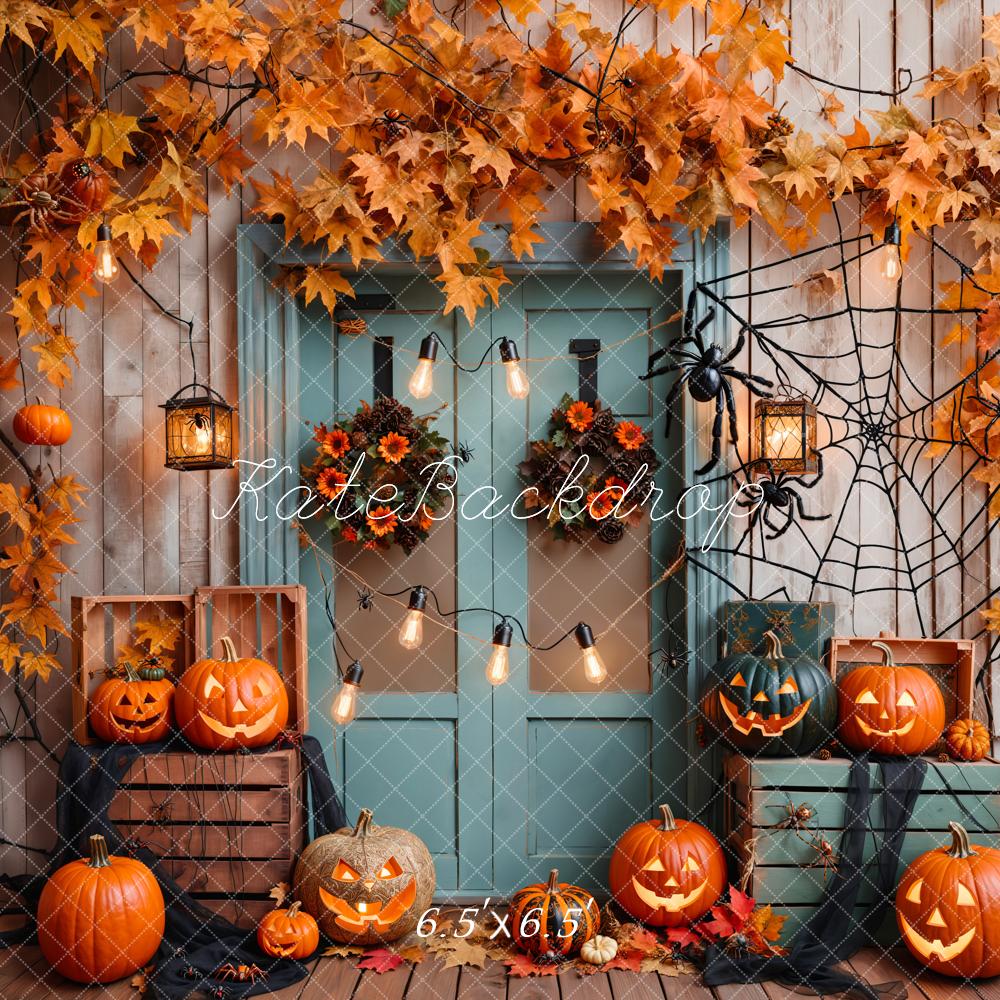 Kate Halloween Pumpkin Maple Blue Wood Door Photography Backdrop Designed by Emetselch