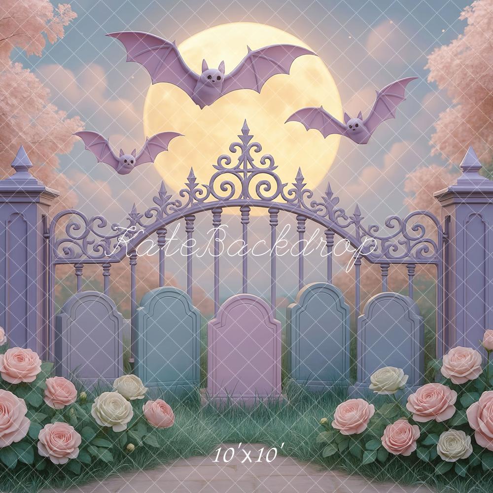 Kate Halloween Pastel Gate Headstones Gothic Gate Bats Full Moon Backdrop Designed by Mini MakeBelieve