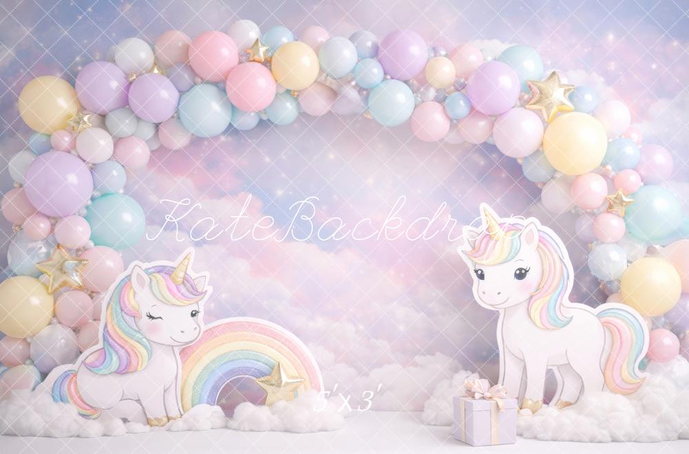Kate Cake Smash Unicorn Rainbow Pastel Balloon Arch Clouds Backdrop Designed by Megan Leigh Photography