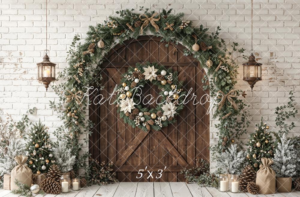 Kate Christmas Wooden Door Garland Wreath White Brick Printed Backdrop Designed by Emetselch