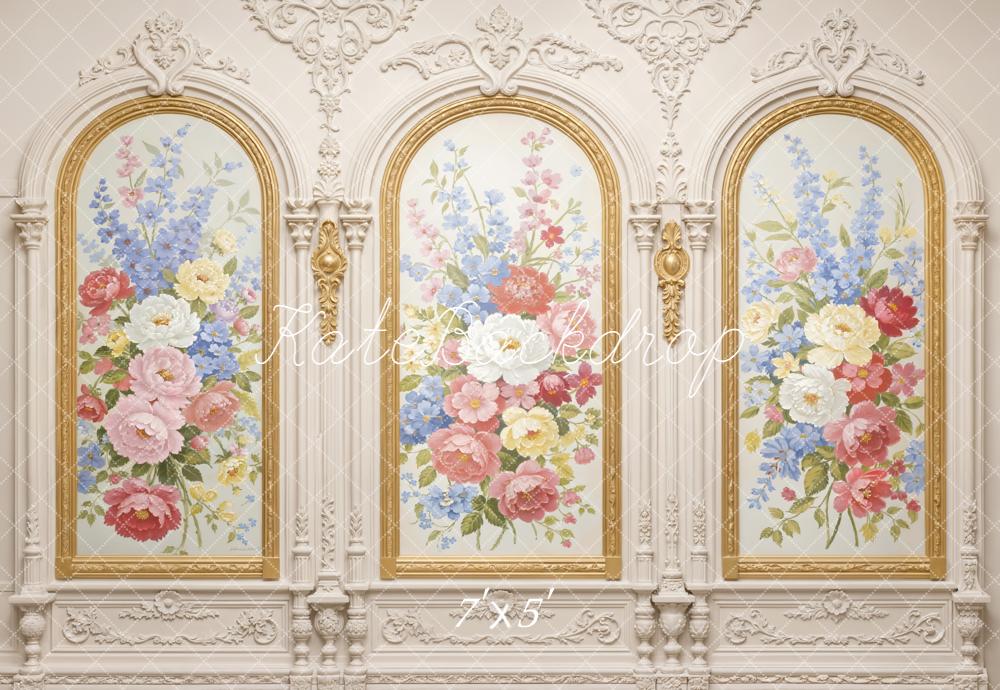 Kate Spring Floral Gold Ornate Arch Vintage Wall Printed Backdrop Designed by Emetselch