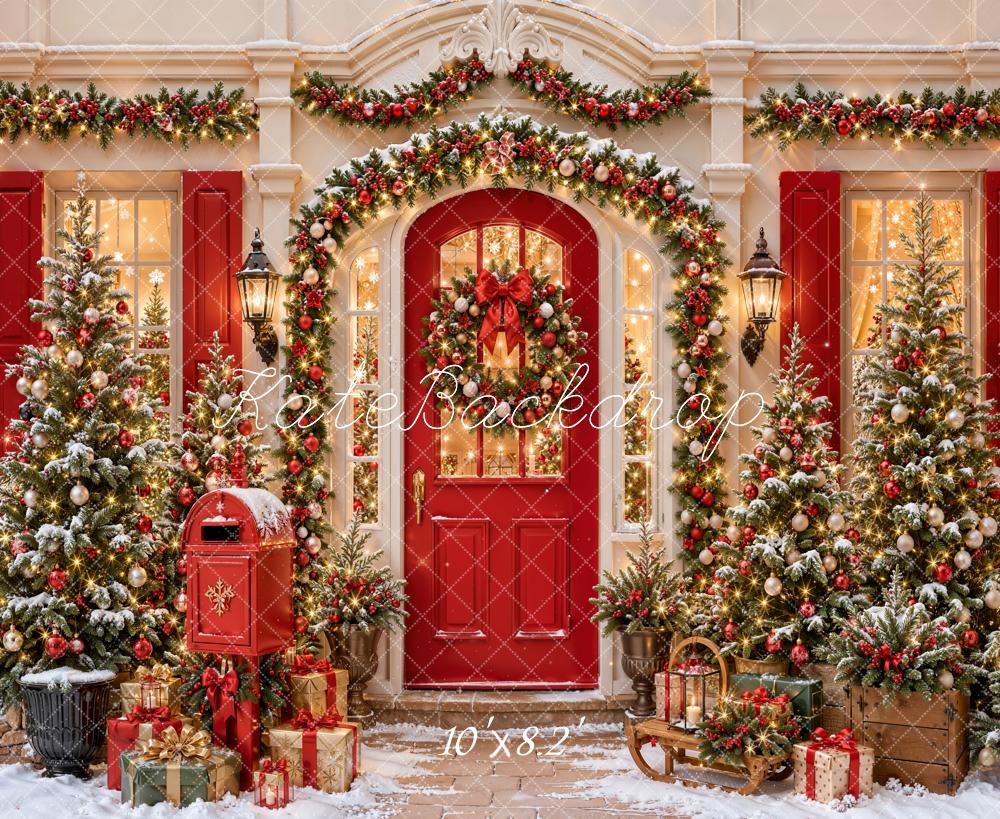 Kate Christmas Red Door Mailbox Garland Trees Victorian House Printed Backdrop Designed by Emetselch