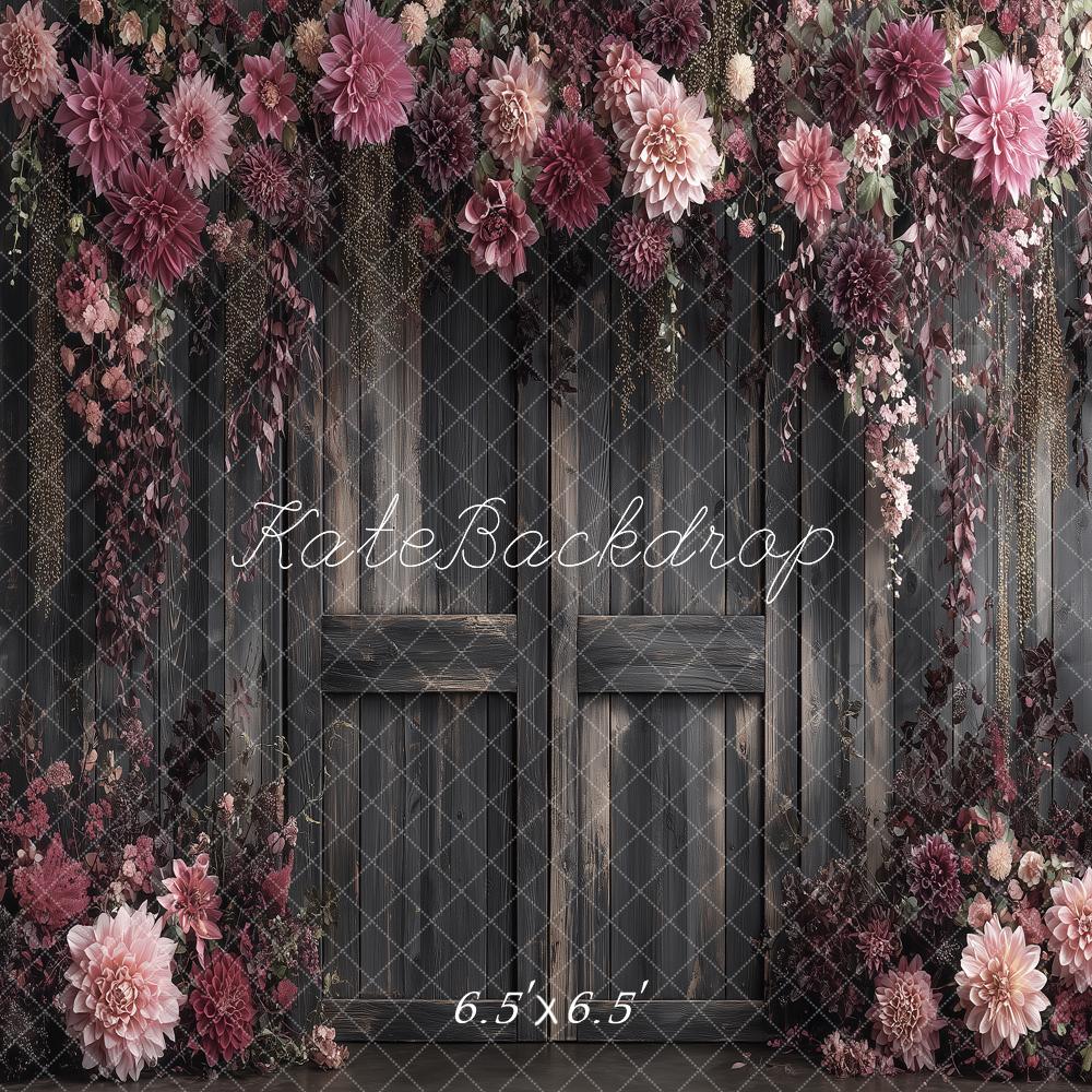 Kate Vintage Pink Flower Arch Dark Wood Doors Portrait Printed Backdrop Designed by Angela Miller