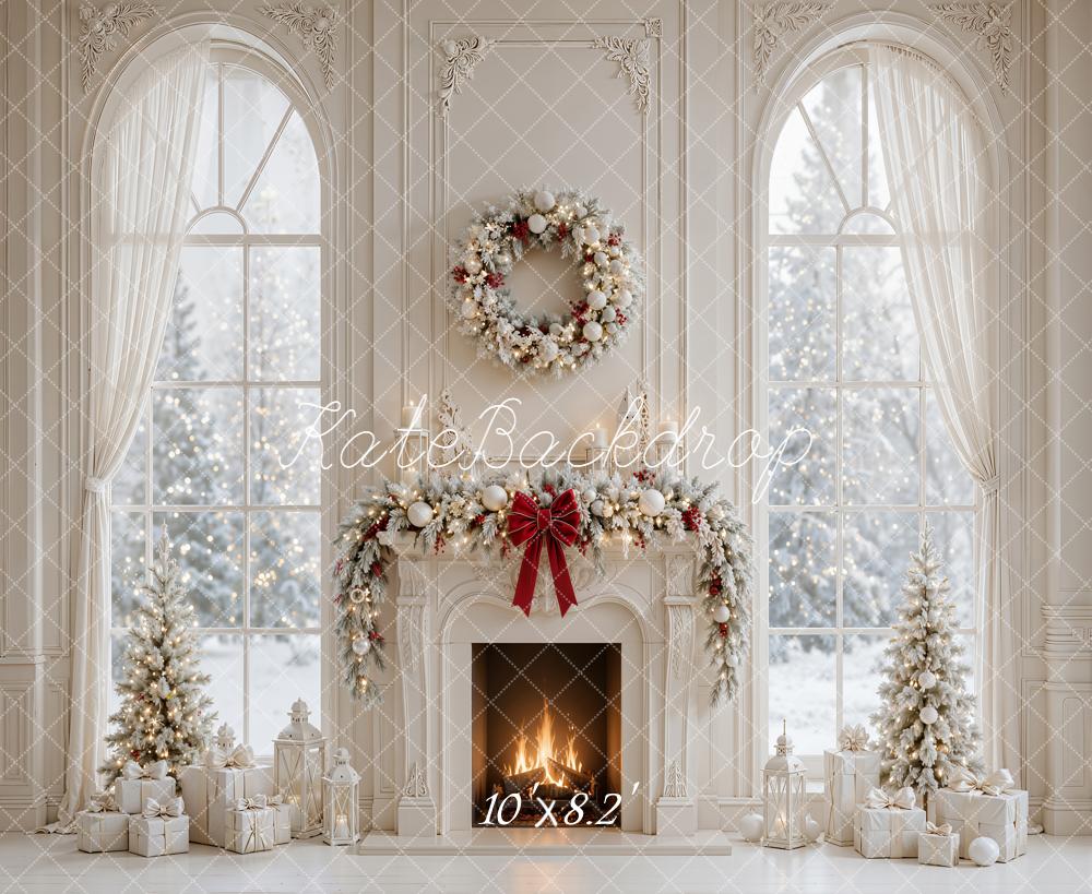 Kate Christmas Fireplace Wreath Trees Window Presents White Printed Backdrop Designed by Emetselch