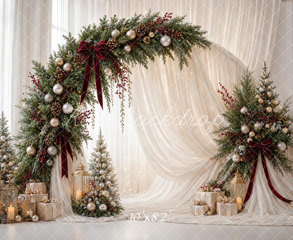 Kate Christmas Circle Flower Arch White Drapes Gold Ornaments Gifts Printed Backdrop Designed by Emetselch
