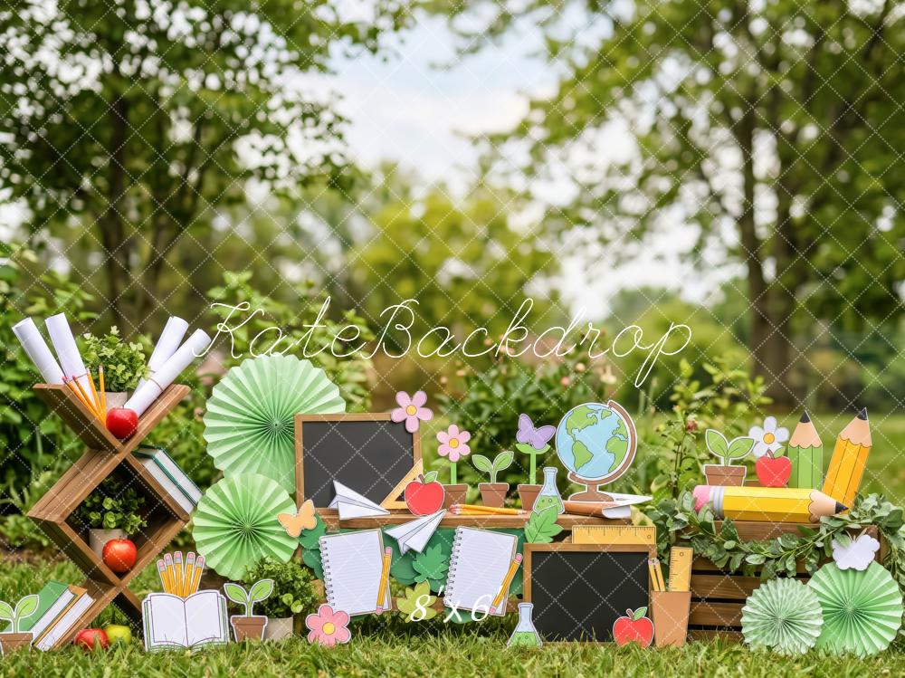 Kate Back to School Garden Chalkboard Books Pencils Globe Printed Backdrop Designed by Patty Roberts