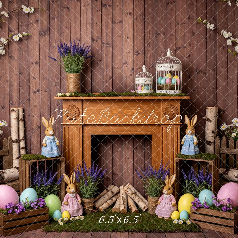 Kate Easter Bunny Fireplace Pastel Eggs Spring Flowers Printed Backdrop Designed by Patty Roberts