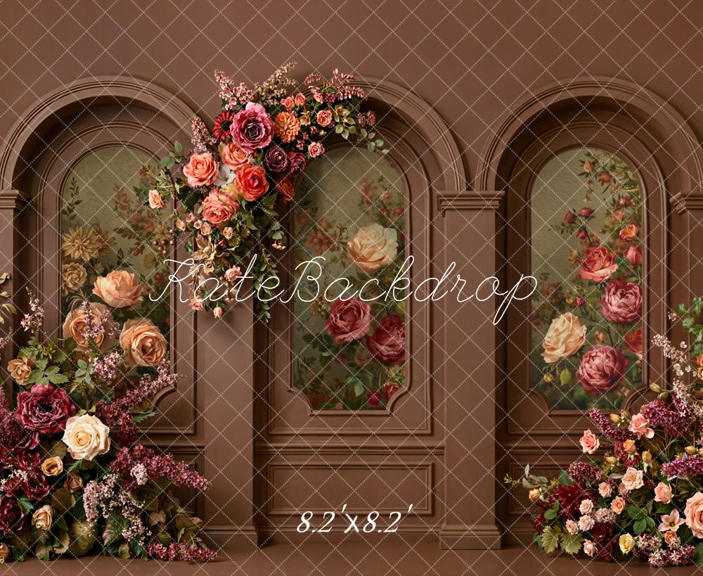 Kate Vintage Flower Arch Brown Wall Floral Printed Backdrop Designed by Emetselch