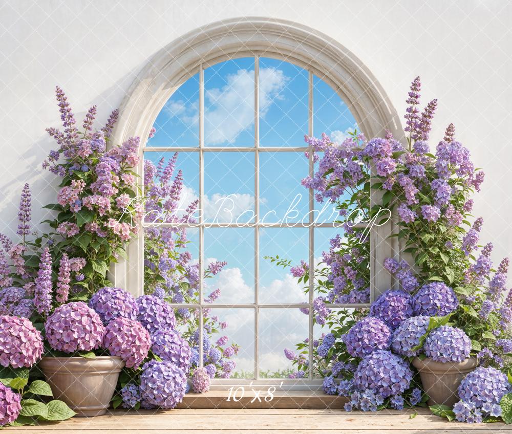Kate Spring Purple Flower Arched Window Sky Backdrop Designed by Emetselch
