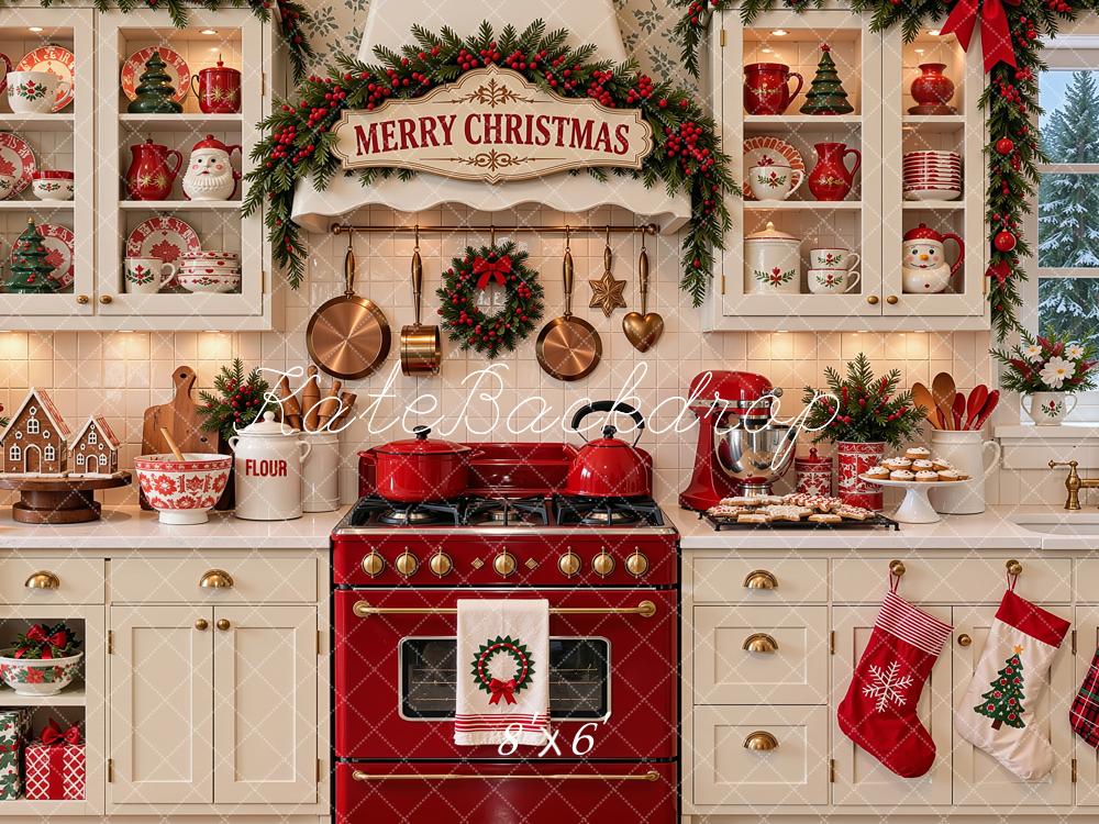 Kate Christmas Kitchen Garland White Cabinets Red Oven Printed Backdrop Designed by Shutter Swan Studios