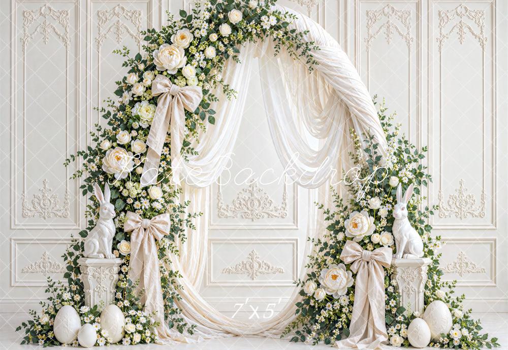 Kate Easter White Floral Arch Drapery Bow Bunny Vintage Printed Backdrop Designed by Mini MakeBelieve