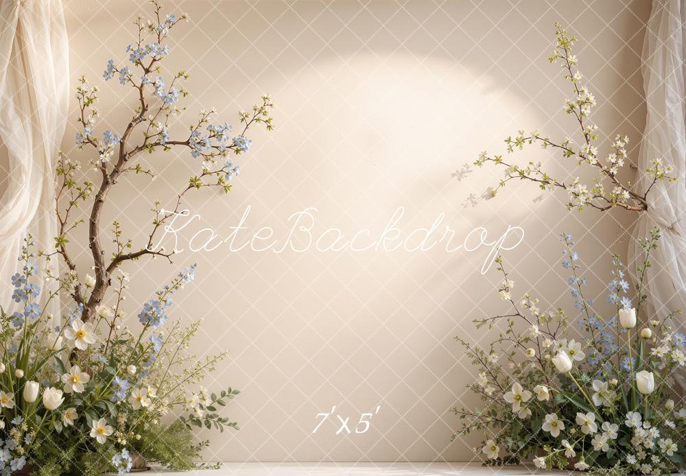 Kate Spring Beige Floral Branches Draped Curtains Printed Backdrop Designed by Shutter Swan Studios