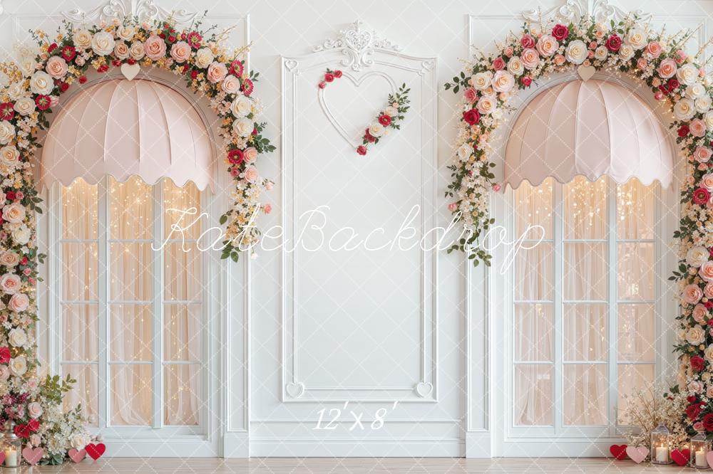 Kate Valentine's Day Pink Awning Windows Rose Arch Printed Backdrop Designed by Mini MakeBelieve