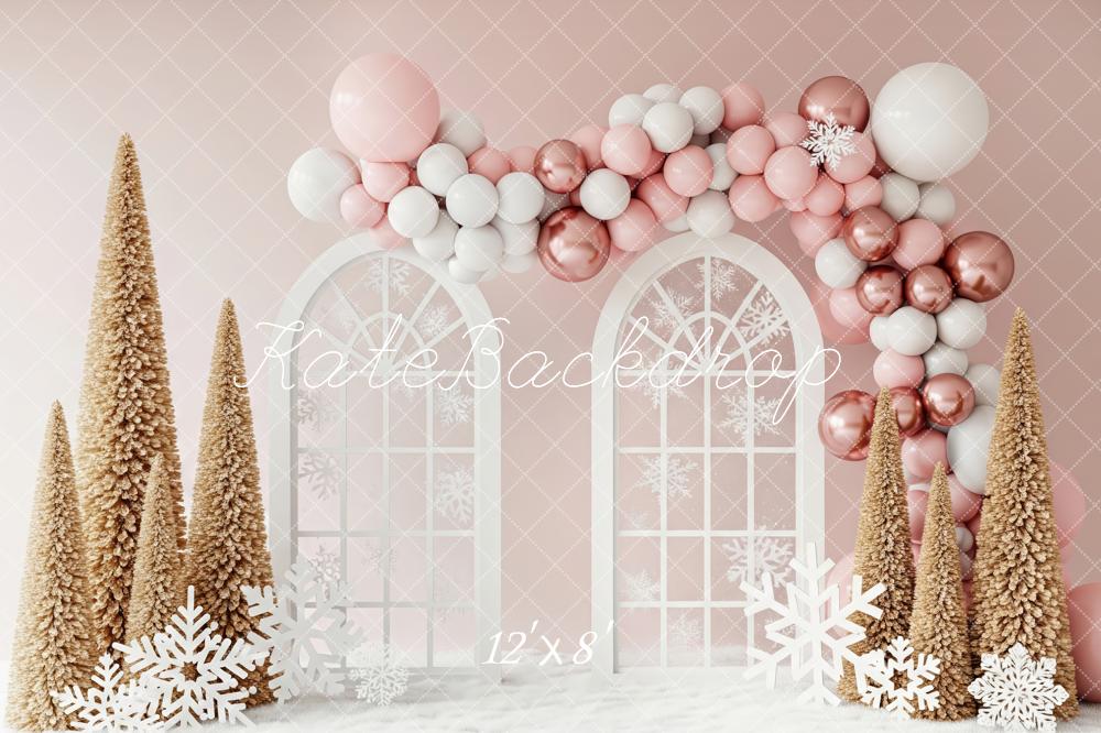 Kate Christmas Pink Balloon Arch Window Snowflake Trees Backdrop Designed by Patty Roberts