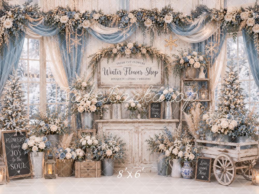 Kate Winter Flower Shop Blue Floral Cart Garland Drapes Printed Backdrop Designed by Ashley Paul