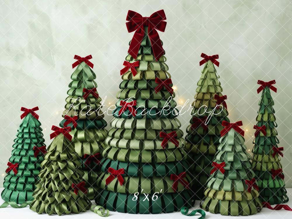 Kate Christmas Green Ribbon Trees Red Bows Printed Backdrop Designed by Patty Roberts